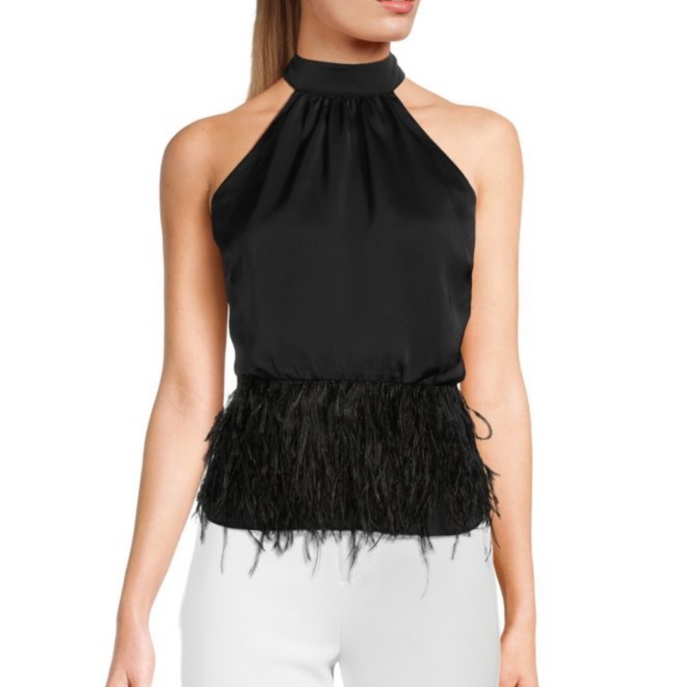 RAMY BROOK Danni Mockneck Feather Trim Top